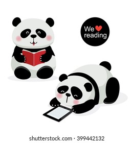 Vector illustration of two cute pandas with reading concept