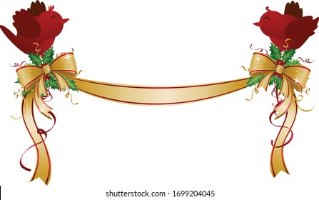 A vector illustration of two cute red cardinals holding a festive Christmas ribbon and holly garland