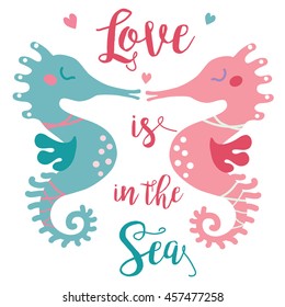 Eine Vektorillustration Illustration von zwei süßen Seepferdchen, die sich im Meer der Liebe küssen. Valentine-Grußkarte; Liebesgeschichte-Bild für das Paar. Liebe ist im Bild des Meeres. 
