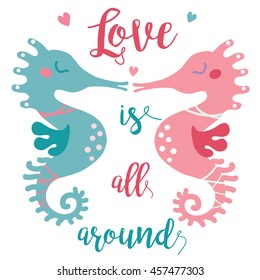 A vector illustration of two cute seahorses kissing each other in the sea of love. Valentine greeting card; love story image for the couple. Love is all around image. 