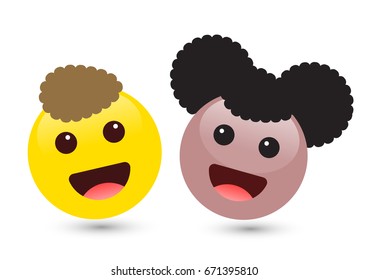 Vector illustration of two cute smiley emoticons on white background. Set of volume yellow boy and brown girl emoji. Smile icons of friends with hair, red tongue. Funny expressing social smileys. 