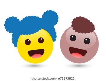 Vector illustration of two cute smiley yellow and brown emoticons on white background. Smile icons of friends with hair, red tongue. Funny expressing social smileys. Set of volume boy and girl emoji