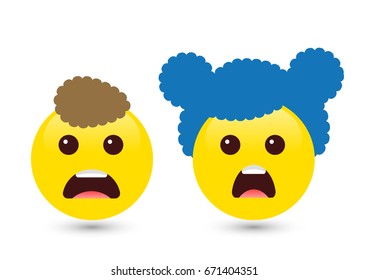 Vector illustration of two cute smiley yellow emoticons on white background. Very surprised icons of boy and girl with hair and mouth. Set of volume emoji. Funny expressing social smileys