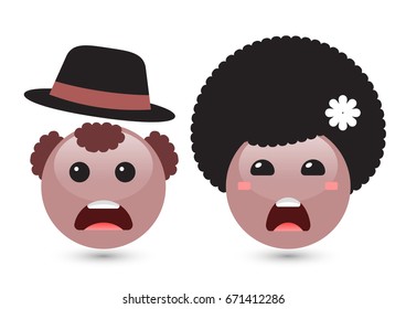 Vector illustration of two cute smiley brown emoticons on white background. Disappointed icons of man with hat and woman with dark hair. Funny expressing social smileys. Set of volume emoji