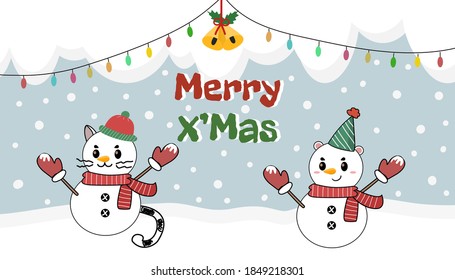 Vector illustration of two cute snowman cosplay by cat and Bear in winter season. Merry Christmas banner. Happy New Year decorations.