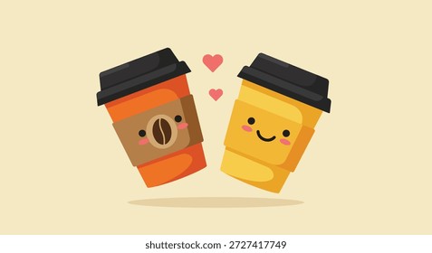 Vektorgrafik von zwei süßen Kaffeetassen zum Mitnehmen in der Liebe, mit glücklichen Gesichtern und Herzen. Ein perfektes Match-Konzept für Kaffeeliebhaber.