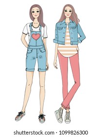 Vector illustration of  two cute twins teenage girls in casual, hand drawing sketch