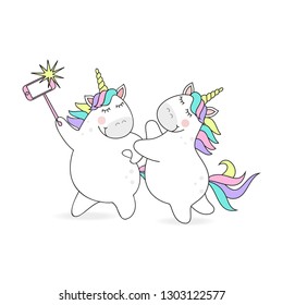 Vector illustration of two cute unicorn make selfie. Sweet magic with a unicorn, rainbow, stars.