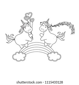 vector illustration of two cute unicorns on a rainbow, children's book coloring