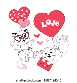 Vector illustration with two cute Valentine cats in a hot air balloon. Valentines day card