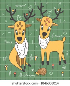 vector illustration.  Two cute yellow deer and a hedgehog on a green background.  Checkered green background, fine hand-drawn graphics.  The illustration is suitable for posters, cards, prints.