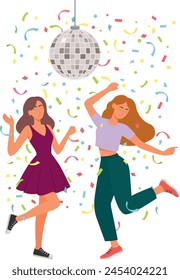 Vector illustration of two dancing girls with a disco ball and confetti. Flat style concept	