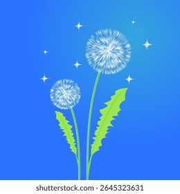 Vector illustration of two dandelions with green stems and bright sparkles on a vivid blue gradient background, symbolizing nature, dreams, and wishes.
