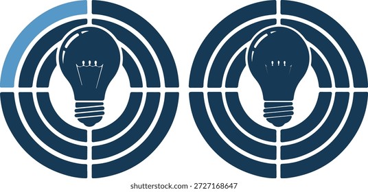 Ilustración vectorial de dos objetivos de bombilla azul oscuro con líneas blancas sobre un fondo blanco puro, utilizando un estilo simple y moderno con un enfoque en la innovación