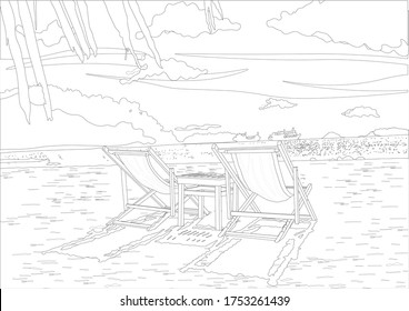 Vector illustration, two deck chairs and a table between them on a deserted tropical beach. Contour illustration.