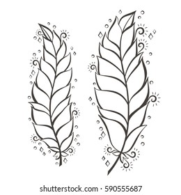 Vector illustration: two decorative bird feather silhouettes isolated on white background.