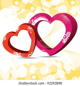 Vector illustration of two decorative heart shapes in pink and orange color on beautiful yellow and white dotted wave background for Valentines Day and other occasions.