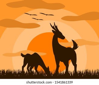 Vector illustration of two deer, mother and child are standing eating grass in the meadow at sunset. The mother protect her children. Shows the love of mother.
