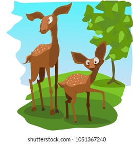 vector illustration of two deers on the sunny green field