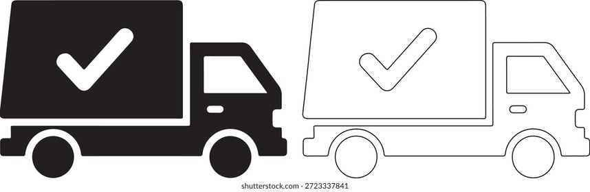 Ilustración vectorial de dos camiones de reparto con marcas de verificación, uno en negro y el otro en blanco con un contorno punteado, sobre un fondo blanco