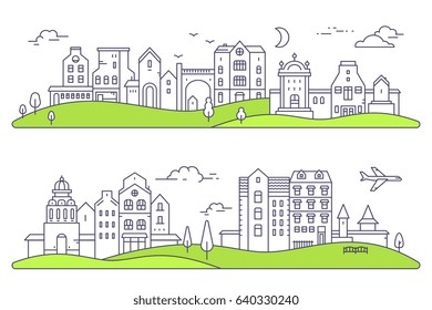 Vector illustration of two detailed city landscape. Set of urban european city with tree, cloud, air plane on white background with green hill. Thin line art design for web, site, horizontal banner