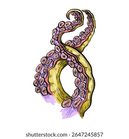 Vector illustration of two detailed octopus tentacles in hand-drawn style. Curved limbs with suction cups in vibrant colors on a white background. Sea creature art concept.