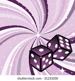 Vector illustration of two dice on the beautiful shiny violet background. Casino items.