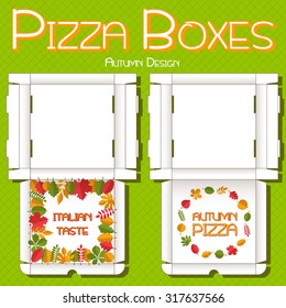 Vector illustration: two die-cut layouts -  pizza boxes -  with autumn leaves design isolated on bright green background