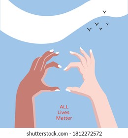 Vector illustration of two different colors hands together. Love and peace concept for all people with different color skin.
Can be used for banner, poster, flyer.