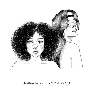 Vector illustration of two different girls. With curly and straight hair