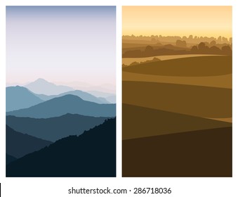 Vector illustration of two different landscapes - mountains and plain