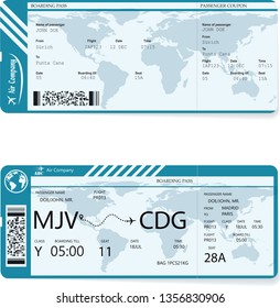Vector illustration of two different variants of boarding pass tickets. Passengers need have boarding pass for travel by plane. Tickets in blue colors