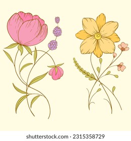 vector illustration of two different yellow and red flowers