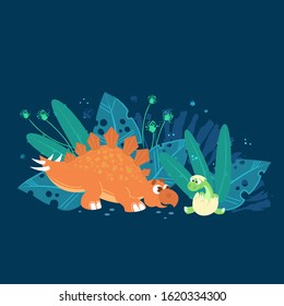 Vector illustration of two dino friends.  Diplodocus coming into the world.