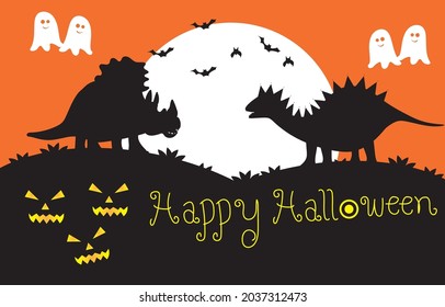 Vector illustration. Two dinosaurs , Halloween pumpkin lantern ,bats and cute ghosts in the moonlight , Celebration fun party night.