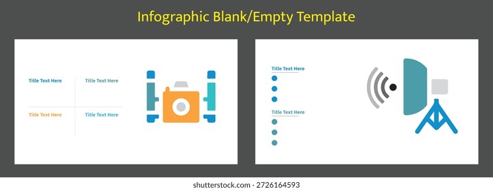 Ilustración vectorial de dos diseños de infografía distintos. Uno presenta un icono de cámara con un área de texto de cuatro paneles. El otro muestra una luz de estudio y listas con viñetas. Ambas son Plantillas en blanco.