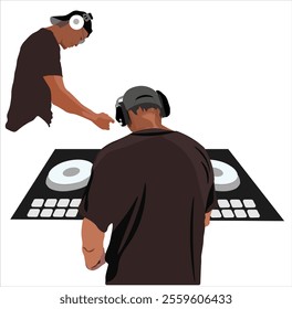 Vector illustration of two DJs working on a professional music console. One DJ mixes tracks on the turntable while the other observes, representing live music events, party scenes, and entertainment.