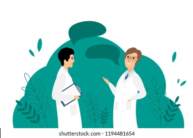 Vector illustration with two doctors. Flat cartoon vector illustration.