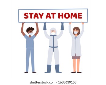 Ilustración vectorial de dos doctores y enfermero sosteniendo el afiche Permanecer en casa aislado en blanco. Trabajadores médicos europeos y africanos en la prevención de las mascarillas de la contaminación del aire urbana, el coronavirus.