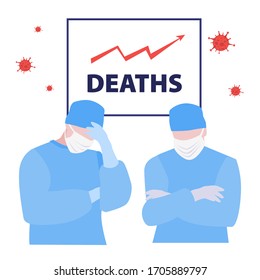 Vector illustration of two doctors in masks with up arrow graph statistics of deaths on the board. Tired doctors concept. 