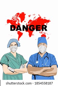 Vector illustration of two doctors. Pandemic medical concept with dangerous cells. Human in respirator and protective clothing. Doctors are protecting our world. World Health organisation.