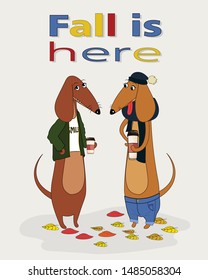 Vector illustration of two dogs have a smalltalk. Flat style illustration of dogs drinking coffee.  Isolated illustration on white background. Aunumn's illustration for print 