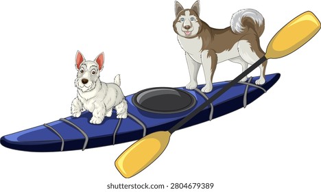 Vector illustration of two dogs standing on a blue kayak with a yellow paddle