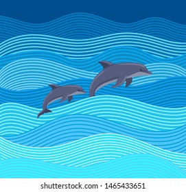 Vector illustration, two dolphins jumping over the waves in the sea