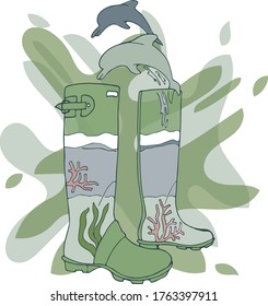 VECTOR ILLUSTRATION TWO DOLPHINS JUMPING FROM ONE BOOT TO ANOFHER,DOLPHIN DAY,ECOLOGY CONCEPT.