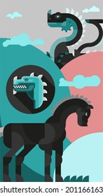 Vector illustration of two dragons and horse. Flat.