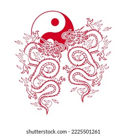 vector illustration of two dragons with yin yang symbol