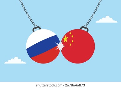 Vector illustration of two dumbbells colliding, one with the china flag and the other with the russian flag, symbolizing business rivalry and competition
