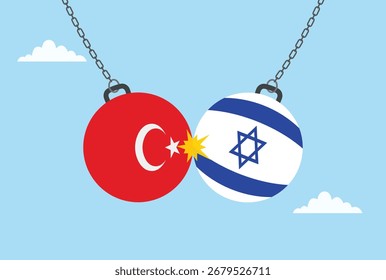 Vector illustration of two dumbbells colliding, one decorated with the Turkey flag and the other with the Israel flag, symbolizing strength and competition
