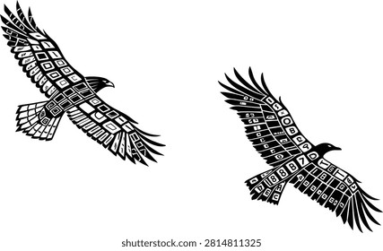A vector illustration of two eagles in flight, featuring intricate geometric patterns and alphanumeric characters integrated into their wing feathers.